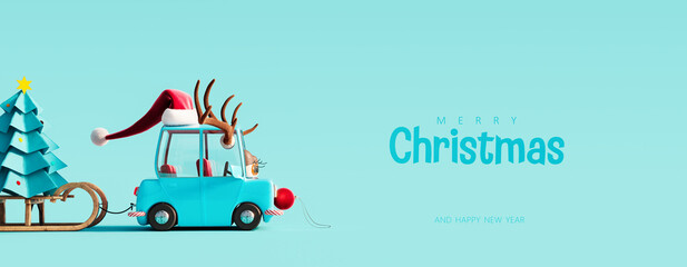 Cute blue car with deer antlers on the roof carrying paper Christmas tree on blue background 3D...