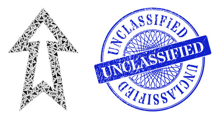 Arrow up collage of triangle items, and Unclassified corroded seal imitation. Blue stamp seal includes Unclassified title inside circle shape.