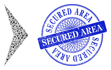Arrowhead right collage of triangle parts, and Secured Area corroded badge. Blue stamp includes Secured Area caption inside round shape.