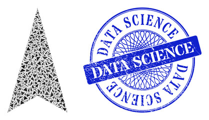 Arrowhead up mosaic of triangle items, and Data Science rubber seal imitation. Blue seal contains Data Science tag inside round form. Vector arrowhead up mosaic is formed of random triangle parts.