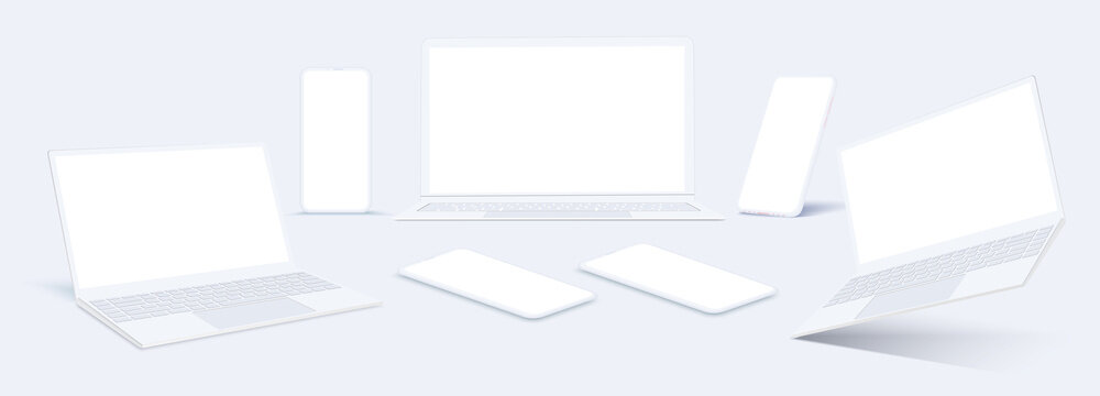 The layout is a template for a mobile phone and a laptop. A white phone in the rotated position with a blank screen for design.