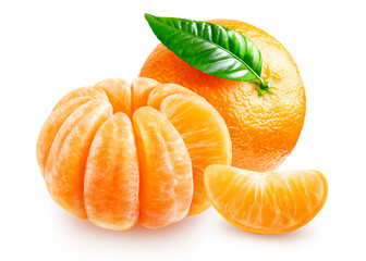 Tangerine peeled and unpeeled with a leaf, the segment lies side by side, isolated on a white...
