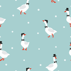 Seamless cartoon geese pattern. Vector goose gentleman background © Afanasia