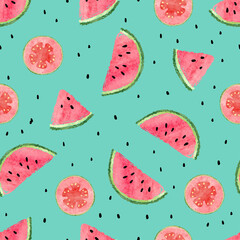 Seamless fruit pattern with watercolor guava and watermelon slices. Summer vector background.