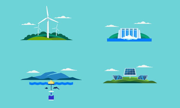 Electricity Generation Sustainable Renewable Energy Solar energy, water, wind, wave, green technology innovation vector illustration
