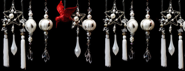 Silver Bulbs and Red Bird Christmas Ornaments banner on black background