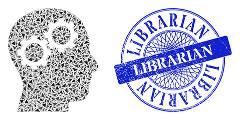 Brain gears collage of triangle particles, and Librarian corroded stamp seal. Blue stamp seal contains Librarian caption inside circle form.