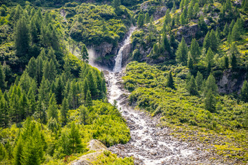 Wild alpine waterfall on mountain stream