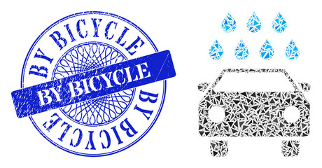 Car shower mosaic of triangle particles, and By Bicycle scratched seal print. Blue seal includes By Bicycle caption inside round form. Vector car shower mosaic is composed of different triangle parts.