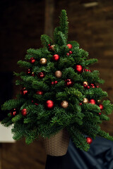 little green christmas tree decorated with various new year decorations. christmas holidays. cute girl in a festive green dress is holding a Christmas tree while at home. homey christmas atmosphere