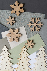 wooden christmas trees with oversized snowflakes