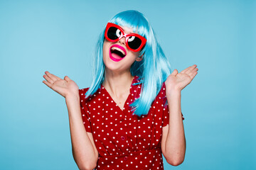 beautiful woman in blue wig sunglasses Glamor close-up