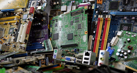 Disposal of electronic components, waste recycling. Old computer motherboards.