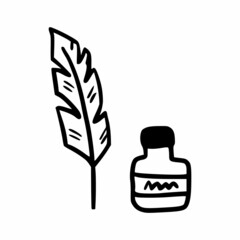 Quill and ink in style of doodles. Vector icon contour.