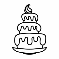 Three storey cake with cream and cream. Confectionery in doodle style.Dessert for holiday.