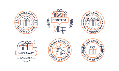 Giveaway logo, labels set. Giveaway, Contest, Surprise emblems template. Giveaway badges for social media, web design. Gift, Box, Prize, Loudspeaker icons. Trendy linear design. Vector illustration