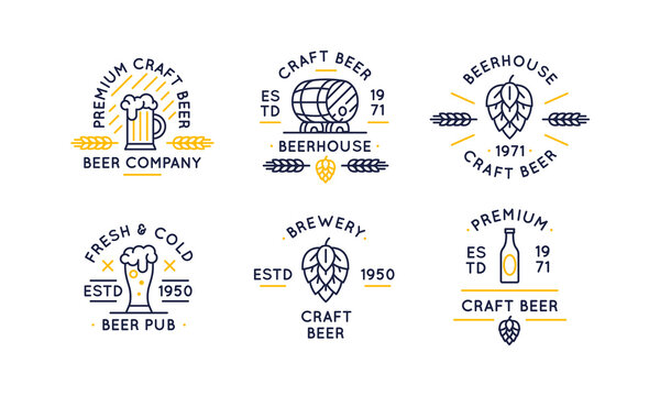 Set of 6 beer labels and logos. Vintage craft beer icons with pint glass, hop and barrel isolated on white background. Vector illustration 