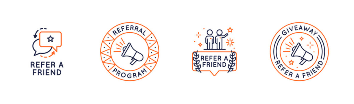 Referral program icons set. Refer a Friend concept with speech bubbles. People, megaphone icons. Label, badge isolated on white background. Vector illustration