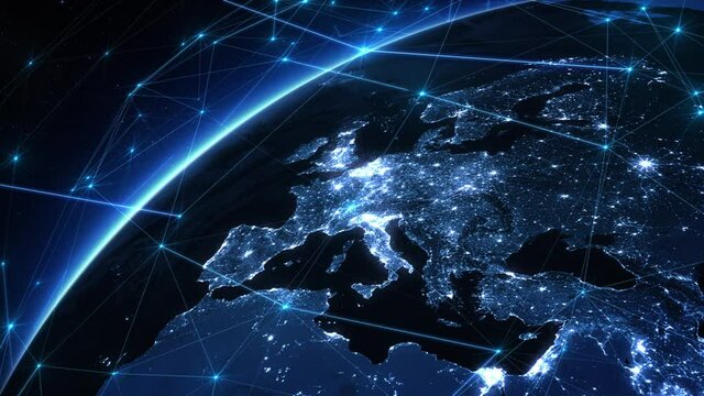 Digital Grid Over Planet Earth at Night. Global Computer Network over Europe. Futuristic Technology, Internet Of Things, Satellite Signals, Telecommunications.