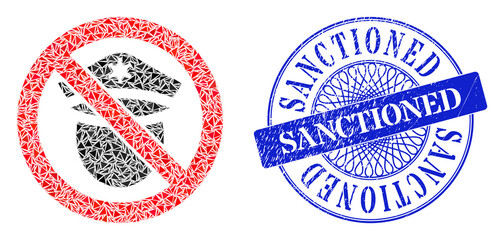 Forbid police cop collage of triangle parts, and Sanctioned unclean stamp. Blue seal contains Sanctioned caption inside circle shape.