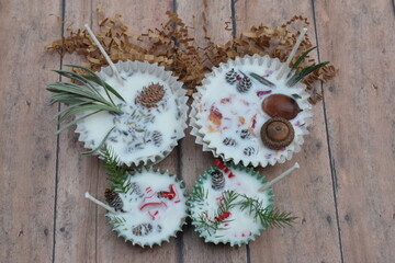 Handmade fire starters for wood stove and outdoor fire pits. Made with natural soy, mini pine cones, acorns, rosemary and lavender herbs and crinkle paper and wick. 