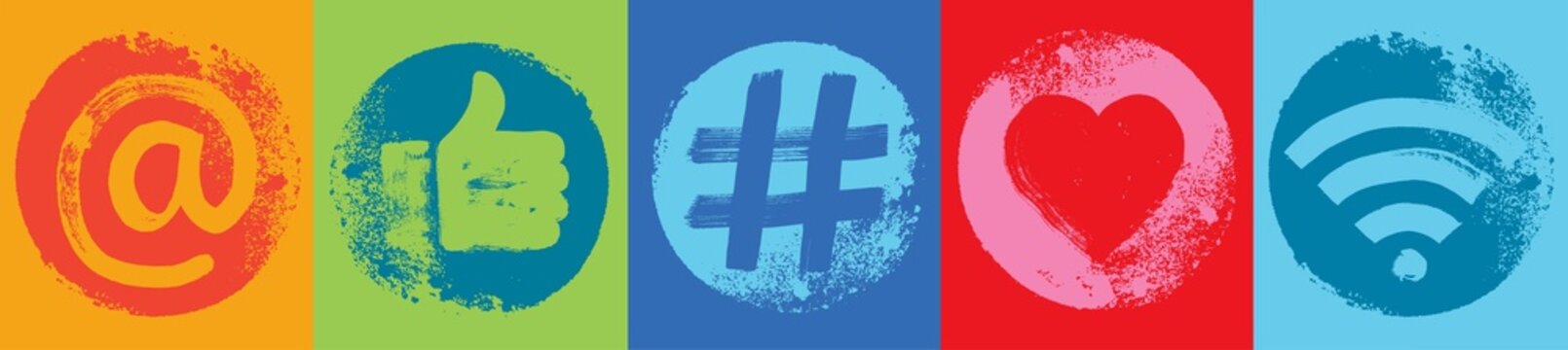 Five Social Media Symbols, Wide Format Web Banner