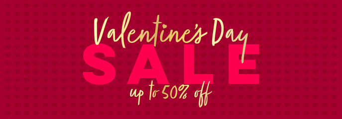 Valentines Day Sale Banner, Background, Poster or Advert Design. Vector Design Template for Valentines Day Sale with Elegant Typography Design on Red Background with Heart Pattern.