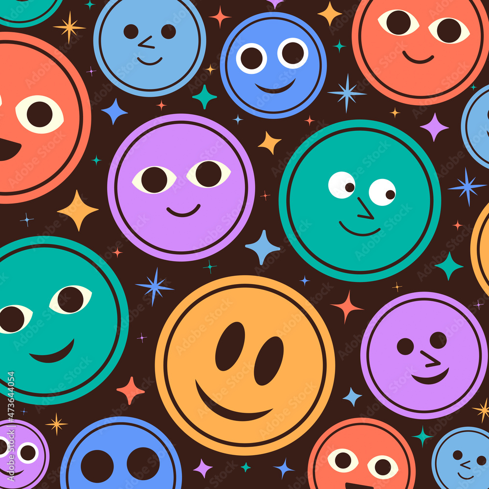 Aufkleber Abstract Background with Different Doodle Happy Characters. Cool Trendy Character Emoticons. Cute Stickers. Hand drawn pins.