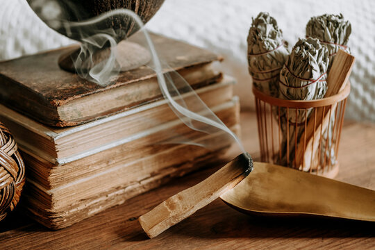 Palo santo burning and white sage
