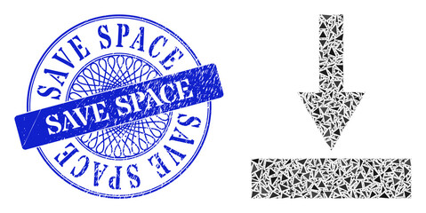 Move bottom mosaic of triangle items, and Save Space corroded seal imitation. Blue stamp seal contains Save Space text inside round form.
