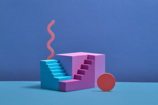  abstract background with steps and staircase, in pink and blue pastel colors.