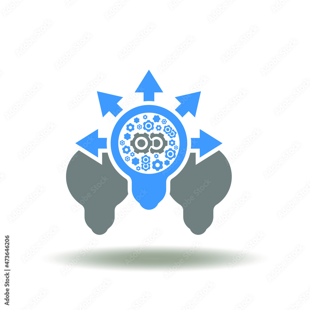 Poster vector illustration of light bulb with gears and different direction arrows. icon of think different