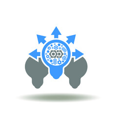 Vector illustration of light bulb with gears and different direction arrows. Icon of think differently. Symbol of difference ideas and brainstorming.