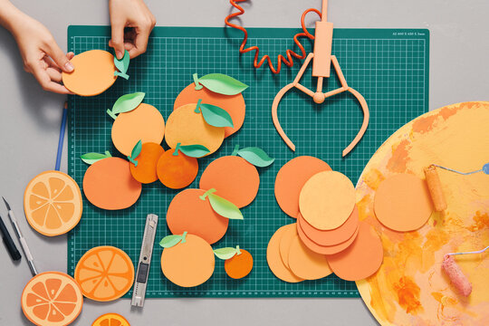 Handmade citrus fruits decoration flatlay