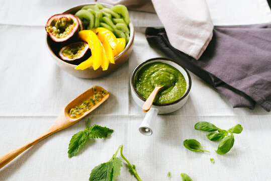 Fruit dessert with mango, kiwi and passion fruit.
