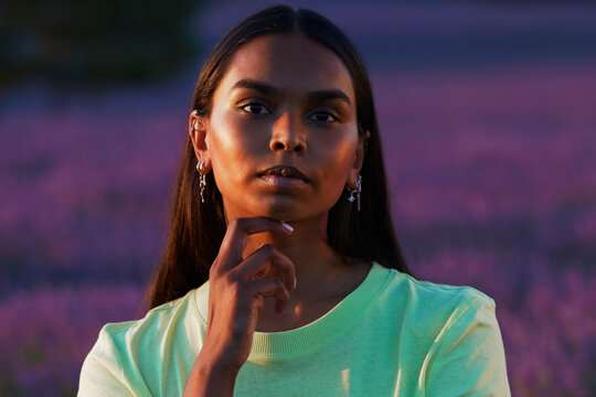 Portrait of Indian Girl In Lavender Field At Sunset