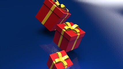 Red closed gift boxes with yellow ribbon on dark blue background. 3D illustration. 3D CG. 3D high quality rendering.