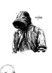 Mysterious figure in a hood, drawn using black and white hatching