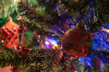 christmas celebration decoration, tree, balls and lights