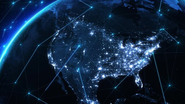 Bright Connections Forming a Network Over North America. This Video Can Be Used To Represent Concepts Like Technology, Social Networks, Satellite Communications