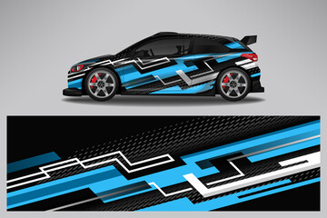 Obraz premium Car wrap design race livery vehicle vector. Graphic stripe racing background kit designs for vehicle, race car, rally, adventure and livery