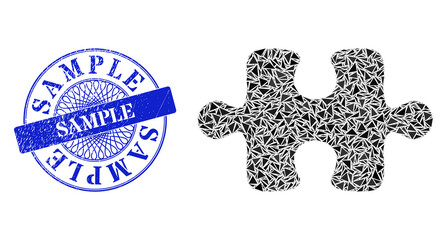 Puzzle item collage of triangle particles, and Sample corroded stamp. Blue stamp includes Sample tag inside round form. Vector puzzle item collage is created of scattered triangle elements.