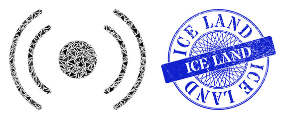 Radio internet mosaic of triangle, and Ice Land textured stamp seal. Blue stamp seal contains Ice Land tag inside round form.