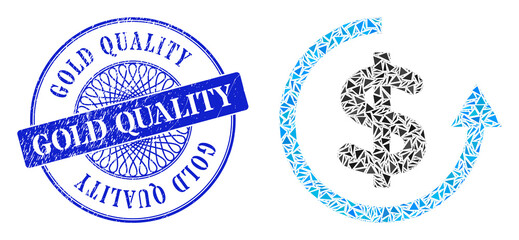 Refund mosaic of triangle items, and Gold Quality rubber seal. Blue stamp seal contains Gold Quality text inside round form. Vector refund collage is created of different triangle items.