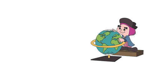 Personaje N02 de viajero observando un globo terráqueo antes de emprender una viaje o aventura que desea descubrir el mundo o países.   