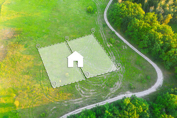 Land Plot for Housing on green field - aerial drone shot. Topographical Marking of two plots of...