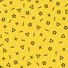 Geometric seamless pattern in thin line style. Various black geometric shapes on bright yellow backdrop