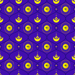 Fototapeta na wymiar Ornament with eyes, sun and moon. The pattern is esoteric, mystical on a blue background. Vector illustration. For textiles, prints, packaging, scrapbooking, covers and brochures.