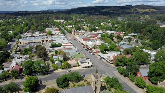 4K aerial drone footage over the beautiful Victorian country town of Beechworth, Australia