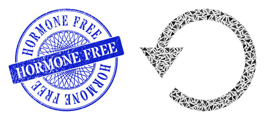 Rotate ccw mosaic of triangle, and Hormone Free textured badge. Blue seal contains Hormone Free title inside circle form. Vector rotate ccw mosaic is done of randomized triangle dots.